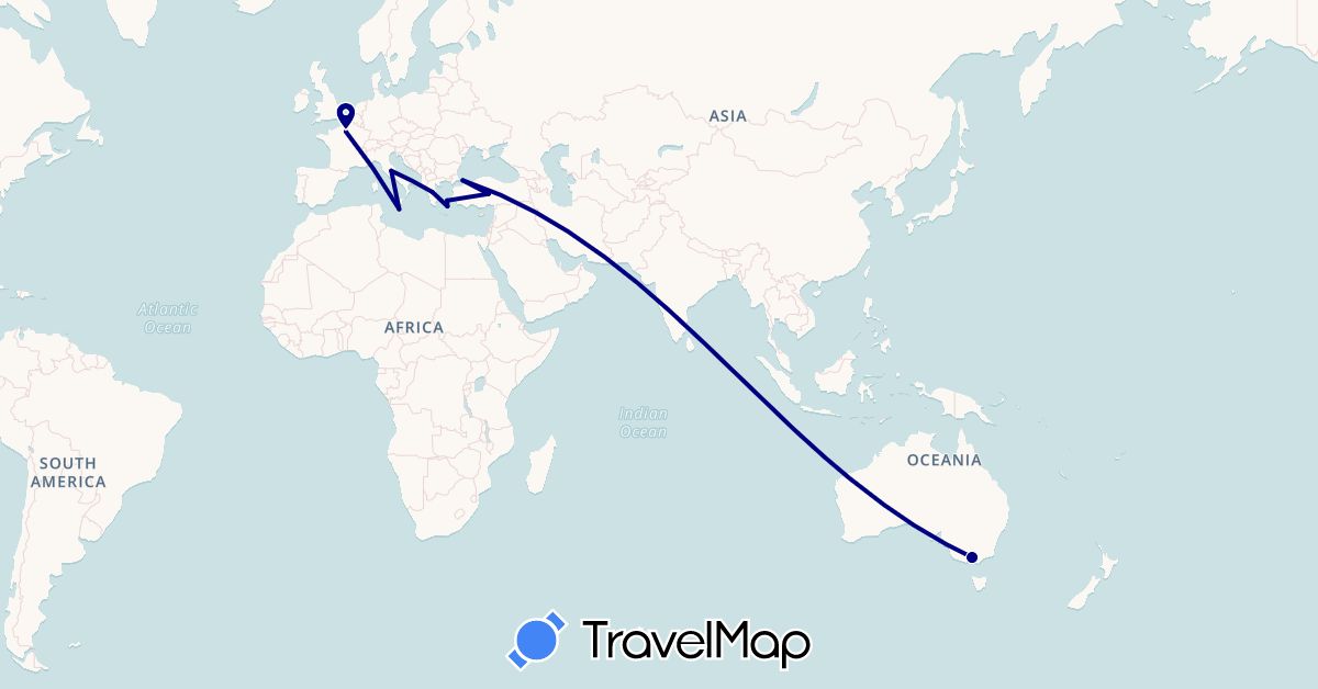 TravelMap itinerary: driving in Australia, France, Greece, Italy, Malta, Turkey (Asia, Europe, Oceania)